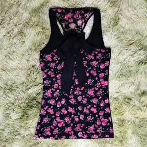 black / pink floral tank top with lace back and bow detail